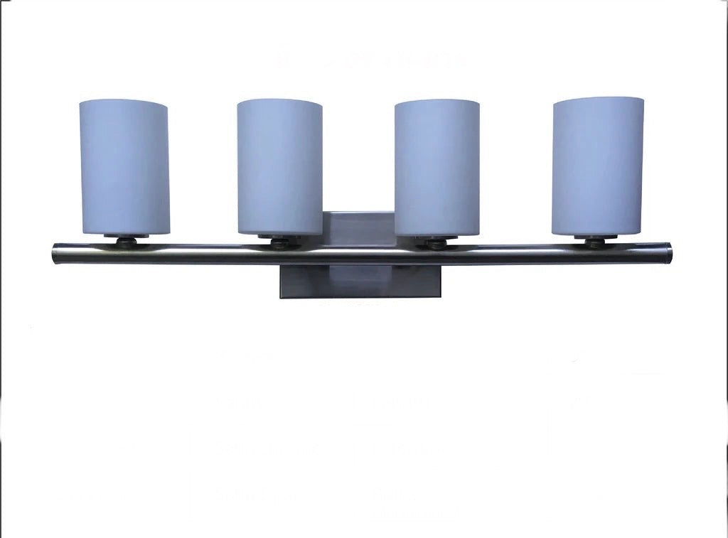 Modern wall light fixture with four cylindrical blue shades on a white background