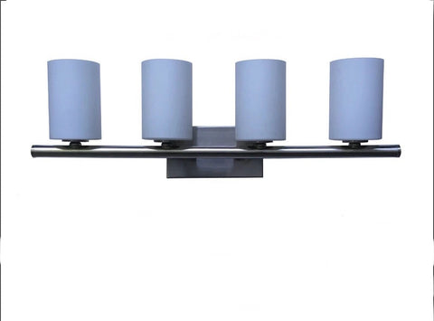Modern wall light fixture with four cylindrical blue shades on a white background